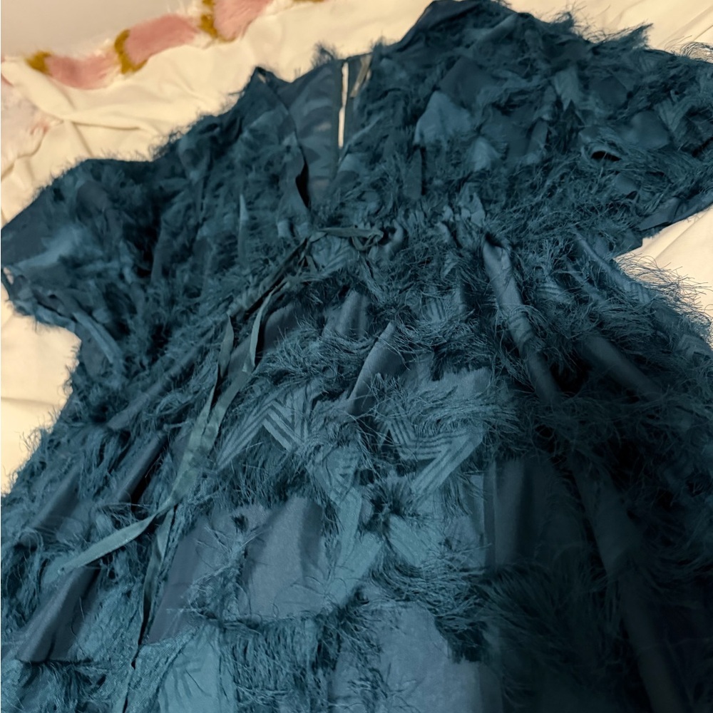 By Anthropologie Teal Fringe Tiered V-Neck Maxi Dress One Size S M L - Picture 6 of 9